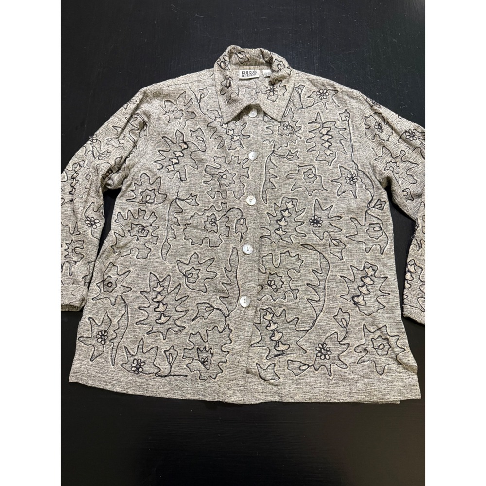 Chicos Design Vintage Silk Embroidered Floral Button Down Shirt Tan Black Size 1